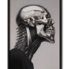 Mockup of a silver chrome cyborg skull dressed in black, reflecting an industrial aesthetic in a sleek black frame