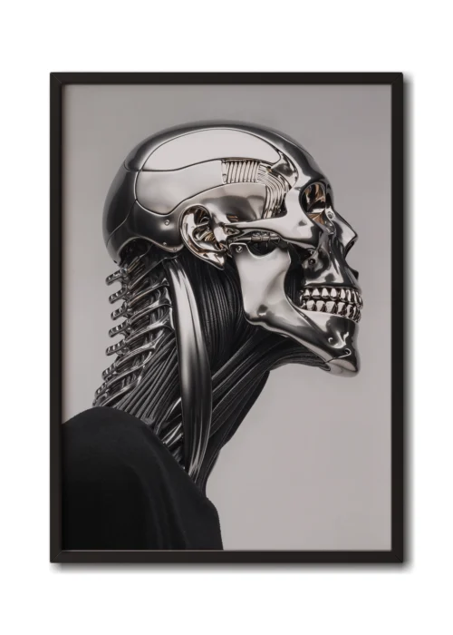 Mockup of a silver chrome cyborg skull dressed in black, reflecting an industrial aesthetic in a sleek black frame