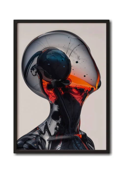 Mockup of glass portrait with grey dome filled with intricate bubbles and liquid shapes showcased in a sleek black frame