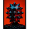 Mockup of a striking red glass figure with a pinhead design, glowing with reflective black details in a sleek black frame