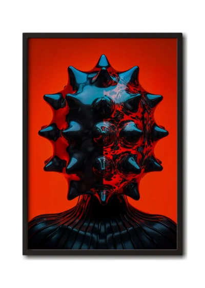 Mockup of a striking red glass figure with a pinhead design, glowing with reflective black details in a sleek black frame