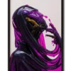 Mockup of violet skull-like figure draped in a flowing liquid glass robe, presented in a sleek black frame exuding mystery