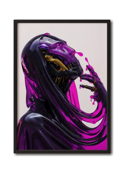 Mockup of violet skull-like figure draped in a flowing liquid glass robe, presented in a sleek black frame exuding mystery