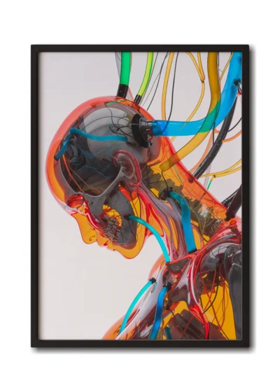 Mockup of a suspended cyborg connected to wires, revealing a skeleton within its glass body presented in a sleek black frame