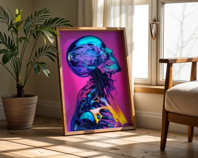 Bold Purple Skull art print displayed in a modern interior setting, creating an eye-catching statement.