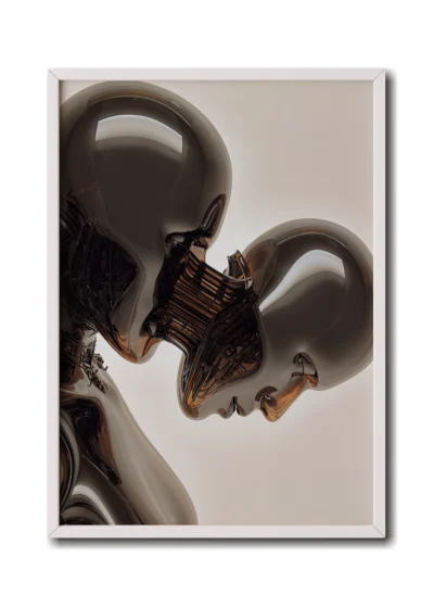 Mockup of a coffee-brown glass cyborg with visible internal wiring illuminated with warm tones in a sleek white frame