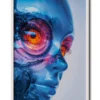 Mockup of a blue glass cyborg with oversized glowing orange eyes, showcasing a futuristic design in a sleek white frame