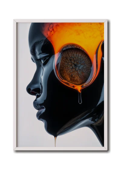 Mockup of a black glass side profile of a woman with an embryo glowing inside her head in a sleek white frame