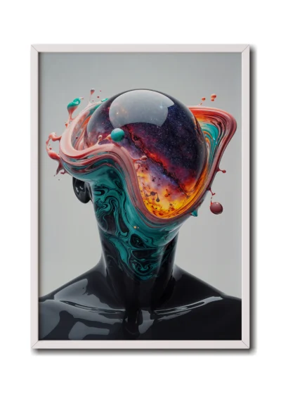 Mockup of a glass figure with a luminous planet colliding with his head, surrounded by vibrant energy inside a sleek white frame