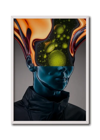 Mockup of a turquoise glass figure with fluid waves of liquid glass radiating from its dome, presented inside a sleek white frame