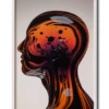 Mockup of glass portrait with an orange dome filled with intricate bubbles and liquid patterns, presented in a sleek white frame