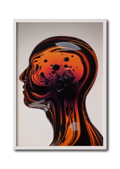 Mockup of glass portrait with an orange dome filled with intricate bubbles and liquid patterns, presented in a sleek white frame