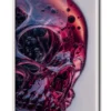 Mockup of close-up of a purple glass skull with intricate details of bubbles and liquid textures inside in a sleek white frame