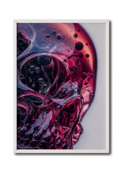 Mockup of close-up of a purple glass skull with intricate details of bubbles and liquid textures inside in a sleek white frame