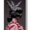 Mockup of a glitch-style side profile of a woman in pink clothes, with distorted digital effects in a sleek white frame