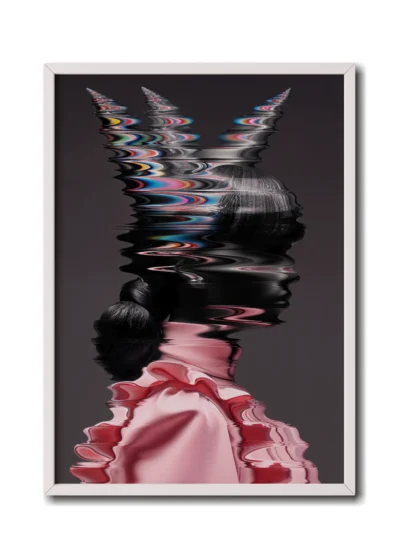 Mockup of a glitch-style side profile of a woman in pink clothes, with distorted digital effects in a sleek white frame