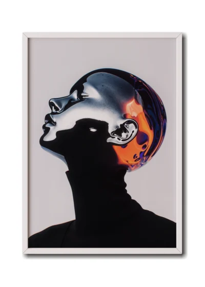 Mockup of grainy silver chrome portrait of a woman in a black turtleneck, exuding a futuristic aesthetic, inside an elegant white frame