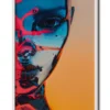 Mockup of a half-face glass portrait adorned with colorful splatters of paint and oil, inside a slim white frame