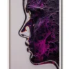 Mockup of glass woman in profile with a purple moonlike landscape etched across her face, inside a sleek white frame