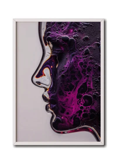 Mockup of glass woman in profile with a purple moonlike landscape etched across her face, inside a sleek white frame