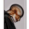 Mockup of a coffee-brown glass figure with marbled textures, dressed in a black hoodie presented in a white frame