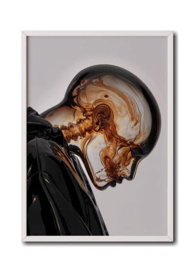 Mockup of a coffee-brown glass figure with marbled textures, dressed in a black hoodie presented in a white frame