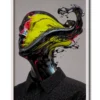 Mockup inside a slim white frame showcasing a neon glass figure with flowing waves of liquid glass streaming from the head