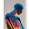 Mockup inside elegant white frame, neon-style illustration of a skeleton glowing in vibrant electric colors