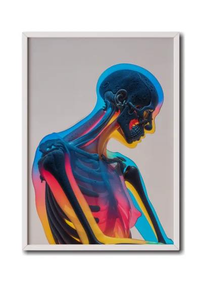 Mockup inside elegant white frame, neon-style illustration of a skeleton glowing in vibrant electric colors