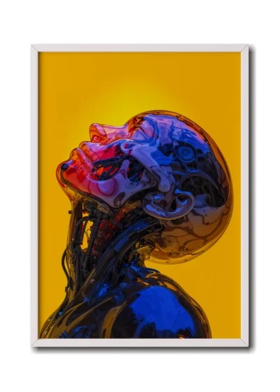 Mockup of a close-up view of a purple glass skull filled with intricate mevhnics and liquid patterns, showcased in an elegant white frame