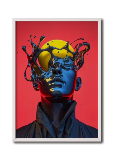 Mockup of glass man’s head colliding with a neon yellow planet, creating a vivid cosmic impact showcased inside a slim white frame