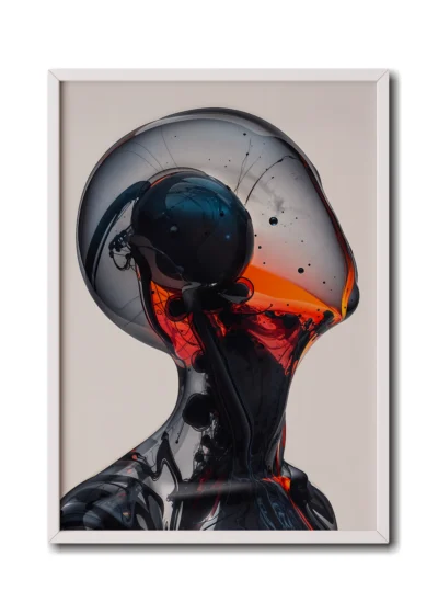 Mockup of glass portrait with grey dome filled with intricate bubbles and liquid shapes showcased in a sleek white frame