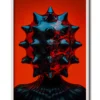 Mockup of a striking red glass figure with a pinhead design, glowing with reflective black details in a sleek white frame