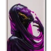 Mockup of violet skull-like figure draped in a flowing liquid glass robe, presented in a sleek white frame exuding mystery