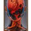 Mockup of a close-up of a glass figure filled with microscopic amoebas and algae, glowing with organic details showcased inside a sleek wood frame