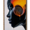 Mockup of a black glass side profile of a woman with an embryo glowing inside her head in a sleek woood frame