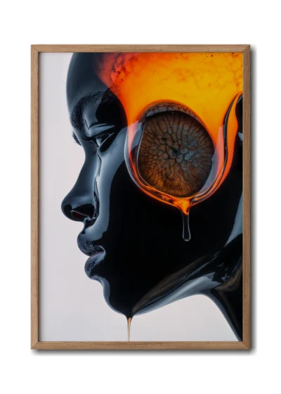 Mockup of a black glass side profile of a woman with an embryo glowing inside her head in a sleek woood frame