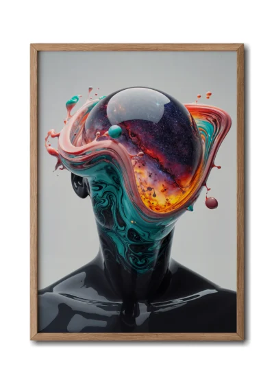 Mockup of a glass figure with a luminous planet colliding with his head, surrounded by vibrant energy inside a sleek wood frame