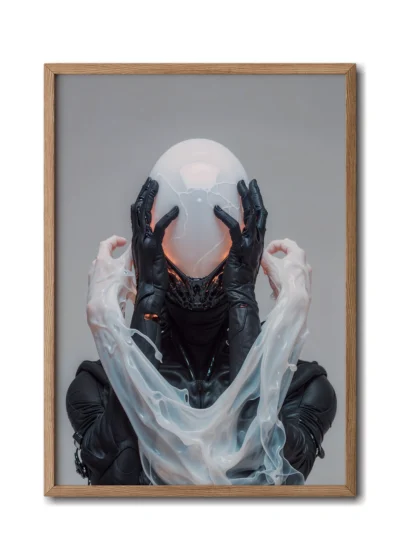 Mockup inside sleek wood frame, a cyborg with a milk-glass dome head, surrounded by ethereal ghost-like arms