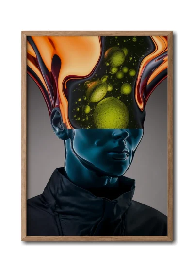 Mockup of a turquoise glass figure with fluid waves of liquid glass radiating from its dome, presented inside a sleek wood frame