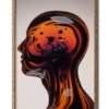 Mockup of glass portrait with an orange dome filled with intricate bubbles and liquid patterns, presented in a sleek wood frame