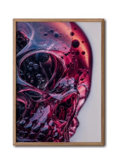 Mockup of close-up of a purple glass skull with intricate details of bubbles and liquid textures inside displayed in wood frame