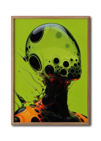 Mockup in a sleek wood frame of a side profile of a figure made of black and green glass, with sleek, reflective surfaces