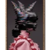 Mockup of a glitch-style side profile of a woman in pink clothes, with distorted digital effects in a sleek wood frame