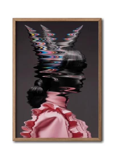 Mockup of a glitch-style side profile of a woman in pink clothes, with distorted digital effects in a sleek wood frame