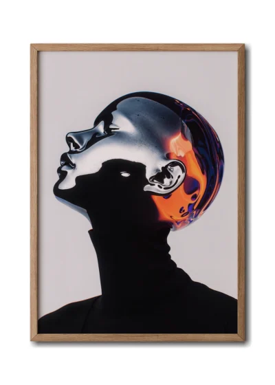 Mockup of grainy silver chrome portrait of a woman in a black turtleneck, exuding a futuristic aesthetic, inside an elegant wood frame