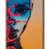 Mockup of a half-face glass portrait adorned with colorful splatters of paint and oil, inside a slim wood frame