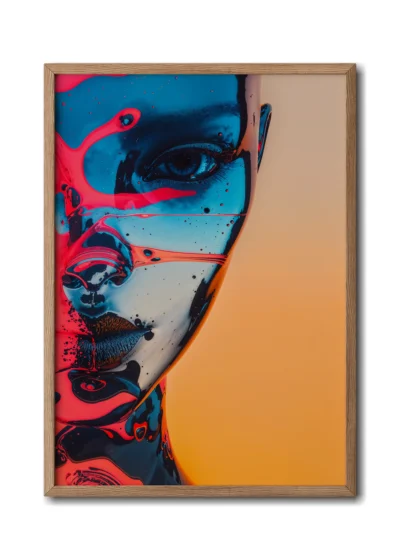 Mockup of a half-face glass portrait adorned with colorful splatters of paint and oil, inside a slim wood frame