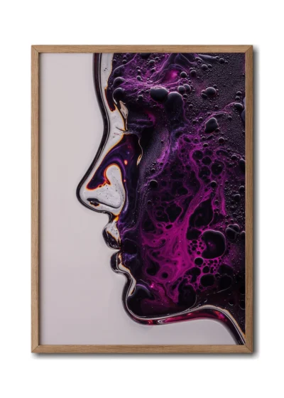 Mockup of glass woman in profile with a purple moonlike landscape etched across her face, inside a sleek wood frame