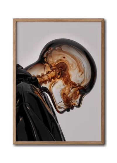 Mockup of a coffee-brown glass figure with marbled textures, dressed in a black hoodie presented in a wood frame